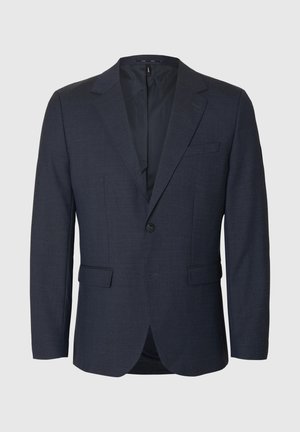 Marynarka marynarska o fakturowanym wykończeniu, z pojedynczym zapięciem na guzik, klapami z wycięciami, dwoma przednimi kieszeniami oraz wentylowanym tyłem.