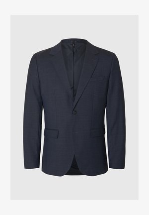 Marineblå blazer med teksturert finish, enkelt knappelukking, hakkede slag, to fremre lommer og en splitt bak.