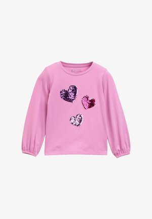 Langärmliges, pinkes Hemd mit elastischen Bündchen, das auf der Vorderseite drei Paillettenherzen in Lila- und Pinktönen zeigt. Weiches Baumwollmaterial.