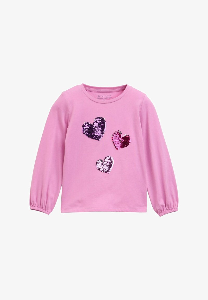 Langärmliges, pinkes Hemd mit elastischen Bündchen, das auf der Vorderseite drei Paillettenherzen in Lila- und Pinktönen zeigt. Weiches Baumwollmaterial.