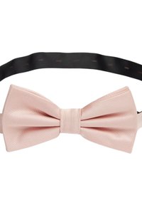 Rosa satinband med ribbad textur och en central knut. Den justerbara remmen är svart med subtila detaljer.