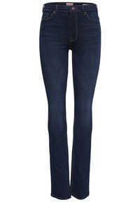 Dark blue high-waisted jeans with a slim fit, featuring a classic five-pocket design and subtle stitching details along the seams.