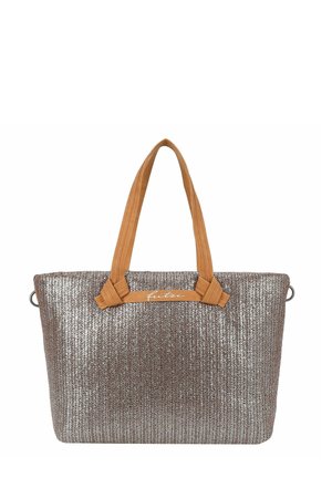 Sac fourre-tout texturé argenté brillant avec des poignées en cuir marron clair et un petit logo "fritzi" au centre avant.