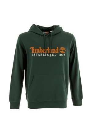Sudadera de algodón verde con un bolsillo canguro, que presenta "Timberland ESTABLECIDO 1973" bordado en naranja y una capucha con cordón.