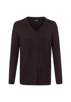 Maglione marrone scuro a maniche lunghe in maglia con scollo a V e polsini e orlo a coste, design semplice, su sfondo bianco.