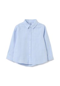 Lichtblauw overhemd met lange mouwen, een button-down kraag, verticale strepen, een enkele borstzak en een afgeronde zoom.