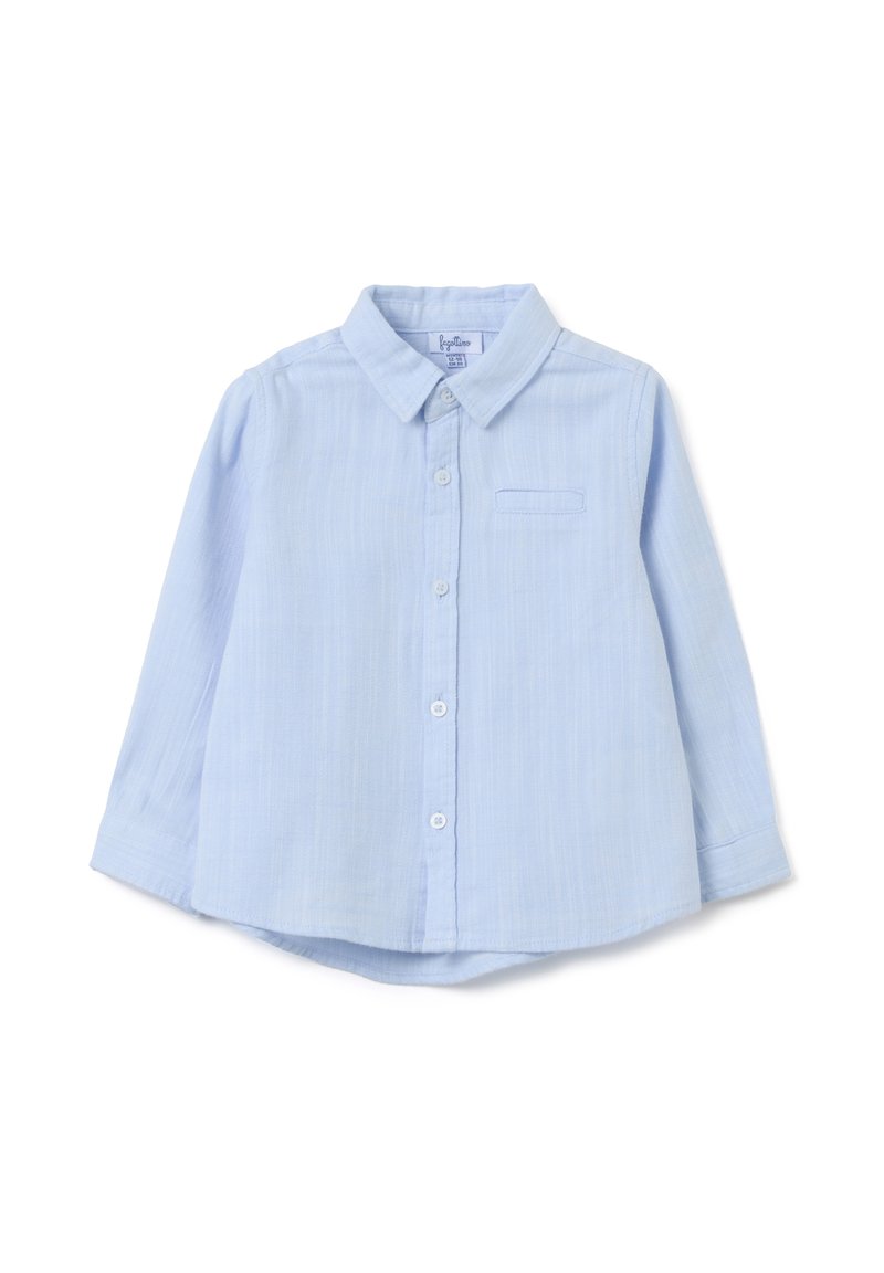 Lichtblauw overhemd met lange mouwen, een button-down kraag, verticale strepen, een enkele borstzak en een afgeronde zoom.
