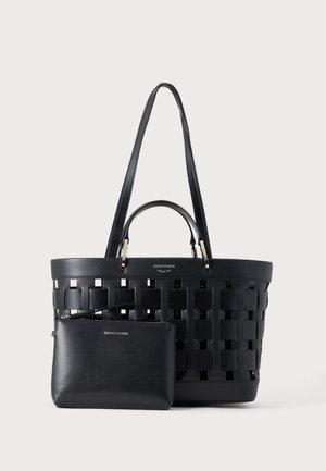 Sac fourre-tout tissé noir avec double poignées et une petite pochette zippée assortie à l'avant, tous deux en cuir.