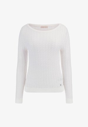 Valge kudum-sviiter laeva kaelusega, soonikukarakteristikuga ja pikkade varrukatega. Omab peent kaablitekstiili mustrit ja väikest logoaktsenti.