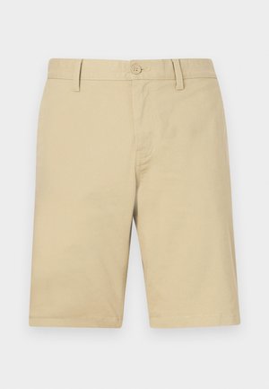 Khaki shorts made from cotton; straight fit; front button closure; belt loops; side pockets; smooth texture; knee-length cut.