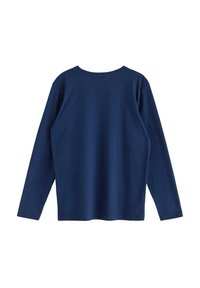 Marinblå långärmad t-shirt med rund hals, tillverkad av mjukt tyg. Enkel design utan mönster eller detaljer.