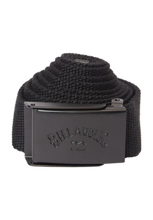 Black woven belt with a rectangular black metal buckle featuring the embossed brand name "Billabong." Textured fabric with sturdy design.