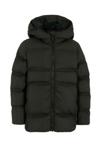 Doudoune noire avec fermeture éclair à l'avant et capuche attachée, présentant des sections matelassées horizontales pour l'isolation.