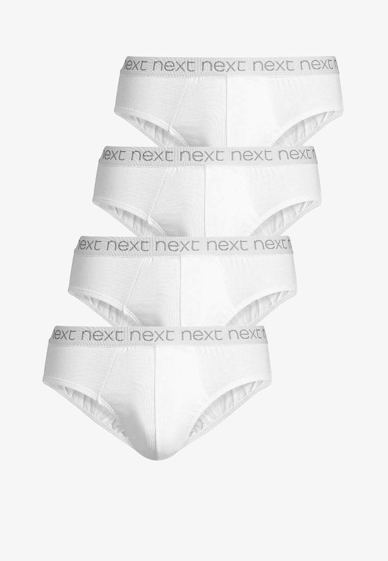 Caleçons en coton blanc empilés, présentant une ceinture douce avec "next" imprimé en gris. Chaque paire a une texture lisse et une coupe classique.
