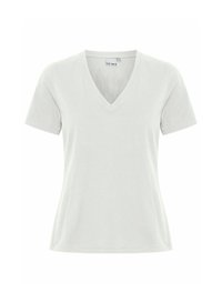 V-neck t-shirt in light gray, short sleeves, soft cotton material, fitted design, clean hemline, tag visible inside neckline.