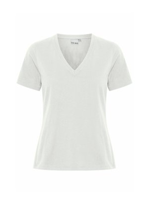 Gaiši pelēks V veida kakla t krekls, īsām piedurknēm, mīksts kokvilnas materiāls, pieguļošs dizains, tīrs apakšmalas vīlējums, birka redzama kakla iekšpusē.