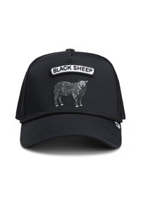 Black cap with a black mesh back, featuring a white "BLACK SHEEP" patch and a gray sheep graphic on the front. Adjustable strap at the back.