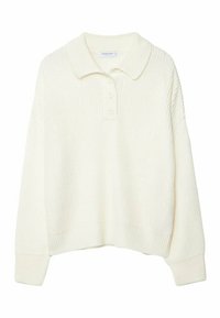 Roomwit gebreide trui met een kraag, drie knopen aan de voorkant en geribbelde manchetten. Heeft een losse pasvorm en een gestructureerde stof.