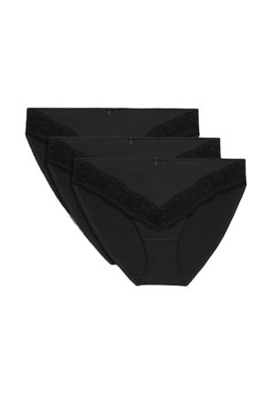 Ensemble de sous-vêtements en coton noir, avec une bordure en dentelle le long de la taille et de petits nœuds. Trois paires sont présentées en empilage, avec des tailles légèrement différentes.
