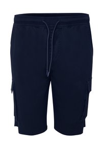 Dunkelblaue Cargo-Shorts mit elastischem Bund und Kordelzug. Verfügt über Seitentaschen und eine glatte, gewebte Stofftextur.