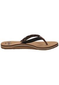 Brune flip-flop sandal med en teksturert svart rem som har et geometrisk mønster, gummisåle og polstret innersåle for komfort.