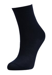 Calzino nero in cotone con bordo a costine, lunghezza a metà polpaccio, texture liscia e punta rinforzata. Adatto per l'uso quotidiano.