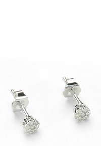 Sølv stikkere med et blomsterdesign og klynger af klare krystaller, der viser en skinnende metaloverflade og en sikker bagside.