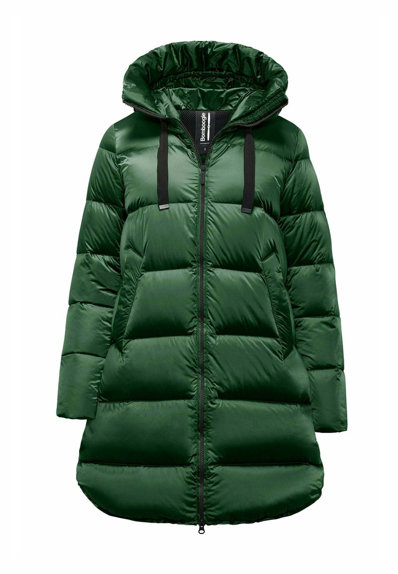 Groene pufferjack met een glanzende afwerking, een strakke capuchon en zwarte ritsen. Voorzien van gewatteerde vulling voor isolatie en lange mouwen.