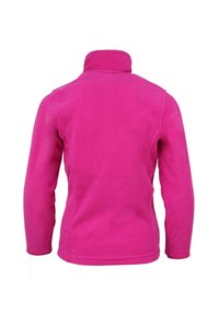 Veste en polaire de couleur rose vif, avec un col haut et des manches longues. Texture lisse, design simple, et sans fermetures ou embellissements visibles.