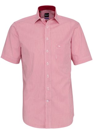 Herrenhemd mit kurzen Ärmeln, rot-weißen vertikalen Streifen und einer Brusttasche auf der linken Seite.