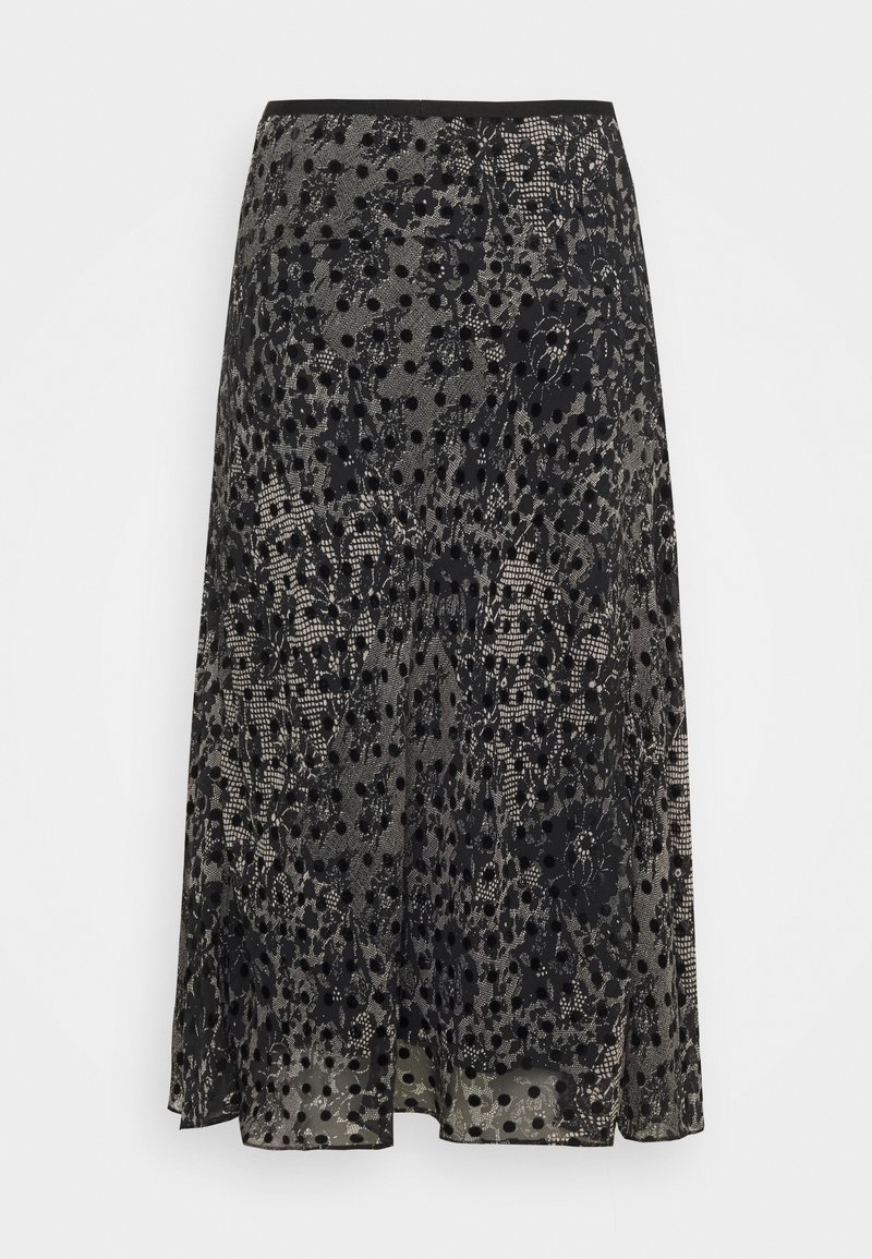Czorna spódnica midi z wzorzystym motywem, z koronką, florystycznymi wzorami oraz kropkami. Wykonana z lekkiego materiału, bez podszewki.