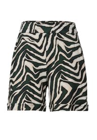 Shorts à motif zèbre vert et beige avec une taille élastique et des ourlets roulés, fabriqués en tissu léger.