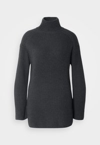 Pull à col roulé en maille côtelée gris foncé à manches longues, avec une coupe légèrement ample et un ourlet allongé.