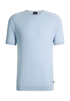 Jasnoniebieski krótki sweter z dzianiny z krótkim rękawem, z okrągłym dekoltem, teksturowaną przednią częścią oraz ściągaczami na mankietach i u dołu, oznaczony marką JOOP.