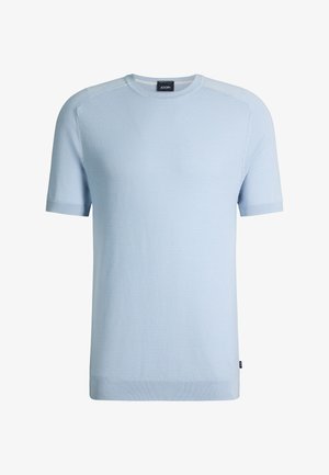 Jasnoniebieski krótki sweter z dzianiny z krótkim rękawem, z okrągłym dekoltem, teksturowaną przednią częścią oraz ściągaczami na mankietach i u dołu, oznaczony marką JOOP.