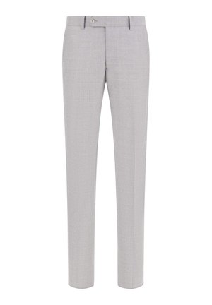 Pantalones ajustados de color gris claro hechos de una tela texturizada. Cuenta con un frente plano, dos bolsillos laterales y un cierre de botón en la cintura.