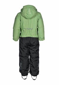 Barns tvåtoners gröna och svarta vattentäta vinterdräkt med huva, elastisk midja, reflexdetaljer och fotremmar, sedd bakifrån.