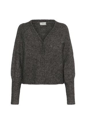 Cardigan de punto gris oscuro con mangas largas acanaladas, escote en V y cierre de botones en la parte delantera, exhibido sobre un fondo blanco.