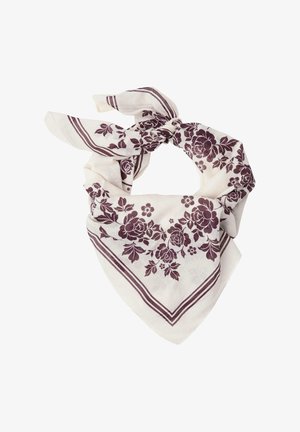 Valkoinen huivi, jossa tumma purppuranvärinen kukkakuosi, solmittuna löyhästi solmuun; esillä raidallinen reunus ja hajallaan olevat kukkakuvioinnit.