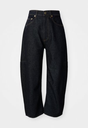 Mørke denim jeans med en avslappet passform, med diskret oransjefarget søm, frontlommer og flat midje med knappestenging.