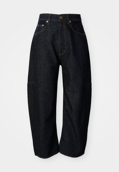 Dark denim jeans with a relaxed fit, featuring subtle orange stitching, front pockets, and a flat waistband with a button closure.