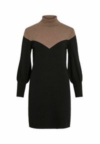 Robe en tricot avec un col montant, présentant une partie supérieure marron et une partie inférieure noire, des manches ballons et un motif en chevrons au niveau de l'encolure.