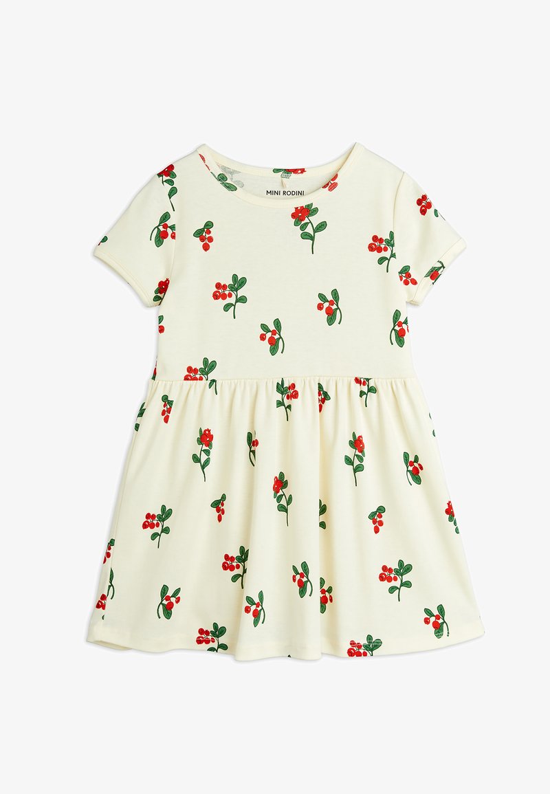 Gaišs krēmu krāsas kokvilnas kleita ar īsām piedurknēm, ar sarkano ogu un zaļu lapu rakstu, savilkta jostas vietā un ar apaļu dekoltē.