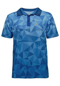 Niebieska koszulka polo wykonana z gładkiego materiału, z geometrycznym wzorem w różnych odcieniach niebieskiego. Posiada kontrastowy kołnierzyk oraz małe logo.