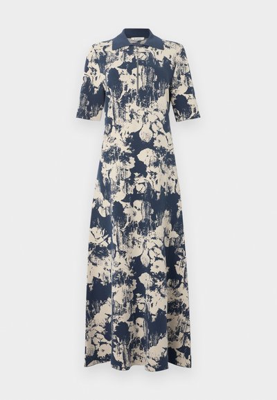 Μάξι φόρεμα με ναυτικό και μπεζ αφηρημένο floral μοτίβο, κοντά μανίκια, όρθιος γιακάς και φερμουάρ μπροστά.