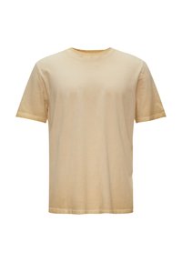 Beige Baumwoll-T-Shirt mit lockerer Passform, Rundhals und kurzen Ärmeln. Verfügt über eine glatte Textur und dezente Farbvariationen.