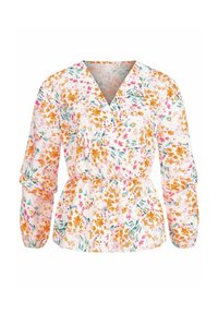 Blusa floreale con scollatura a V, caratterizzata da motivi arancioni, rosa e verdi su sfondo bianco. Vita elasticizzata e maniche lunghe a sbuffo.