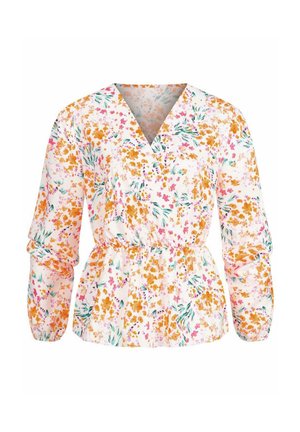 Ziedu blūze ar V veida kaklu, rotāta ar oranžiem, rozā un zaļiem rakstiem uz balta fona. Elastīga josta un garas pufošas piedurknes.