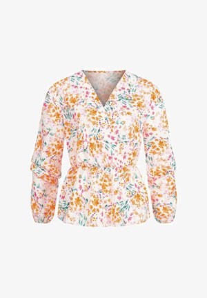 Kukkakuosiset puserot V-pääntiellä, jossa on oransseja, vaaleanpunaisia ja vihreitä kuvioita valkoisella taustalla. Kuminauhavyötärö ja pitkät puffihihat.