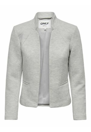 Light gray blazer made of textured fabric, featuring a shawl collar, two side pockets, and an open front with no closures.